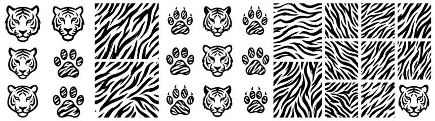 Wild Cat Faces and Paw Prints with Striped Pattern © esket