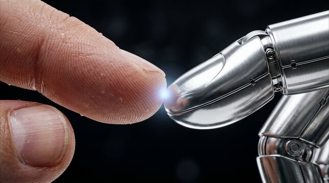 Human finger touching robotic finger with bright light close up