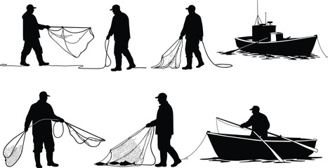 Black silhouette vector illustration of fishermen casting nets and rowing boats, fishing industry, catching fish, marine lifestyle, traditional outdoor sea and river fishing © Khobij