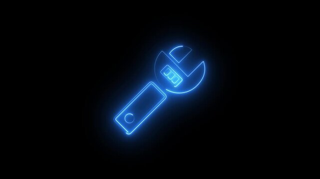 Glowing blue neon wrench icon on dark background