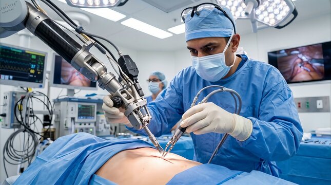 Surgeon performing minimally invasive robotic surgery in modern hospital