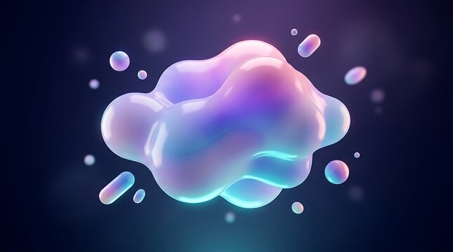 Iridescent liquid blobs and spheres floating in dark space