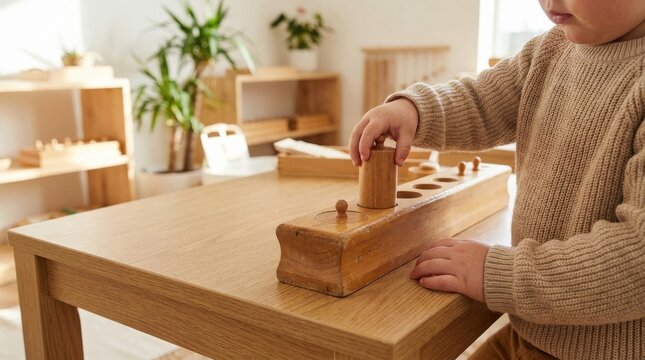 Toddler hands engage in sensory play with a wooden cylinder block, developing fine motor skills and spatial awareness in a bright, modern classroom setting for early childhood education learning.