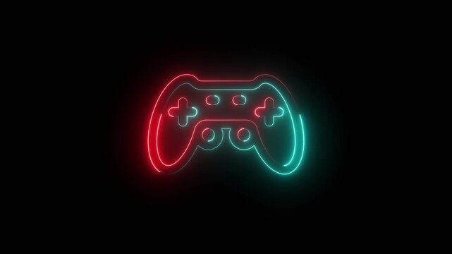 Neon glowing video game controller icon on black background