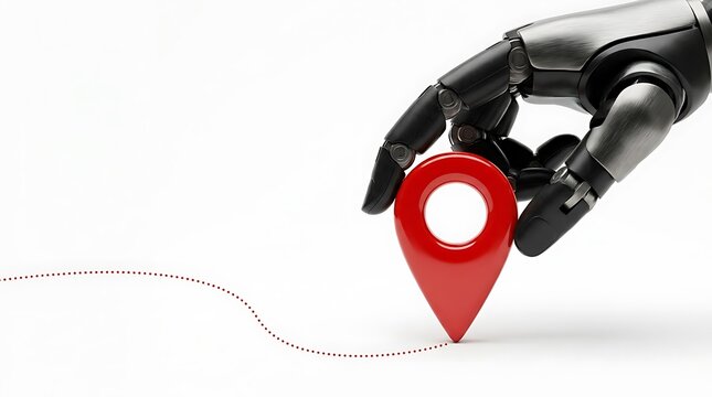 Robot hand places red map pin marker on white background