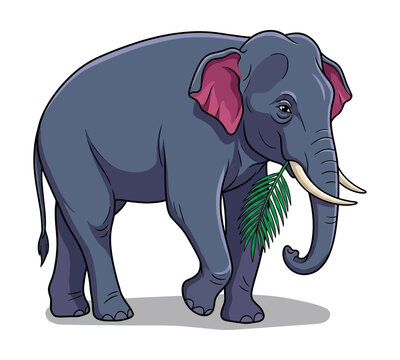 Asian Elephant Holding Green Palm Leaf in Trunk with Calm Expression and Detailed Cartoon Style