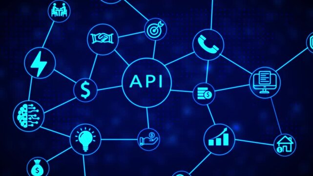 A central circle labeled API connects via lines to various representing business concepts including a handshake, target, phone, computer, graph, hand with money, dollar sign, and a brain with