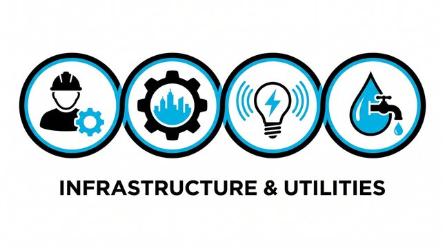 Minimal infrastructure and utilities icons featuring construction worker, gear, city skyline, electricity, water droplet, faucet, energy, urban development.