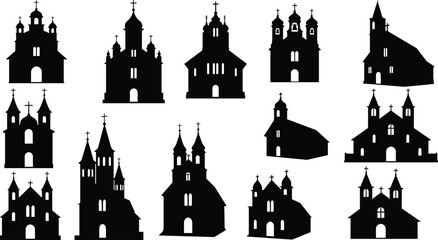 Church silhouette illustration set, religious architecture vector, steeple and dome design, Christian landmark graphics, spiritual building collection © Khobij
