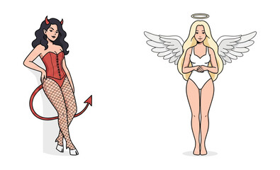 Obraz premium Confident Pinup Devil Woman in Red Lingerie Stands Beside Serene Angel Woman with Wings and Halo Illustration