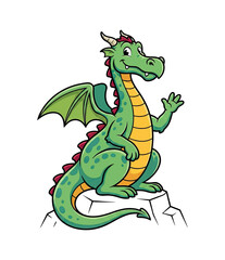 Fototapeta premium Friendly Green Dragon Sitting on a Rock Waving its Hand and Smiling with Wings Horns and Yellow Belly