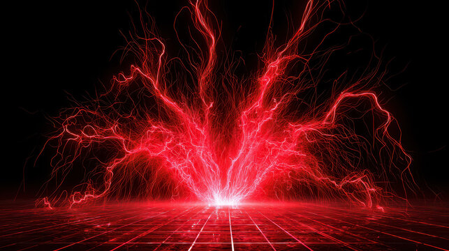 Red electric firework burst glow over grid floor black background