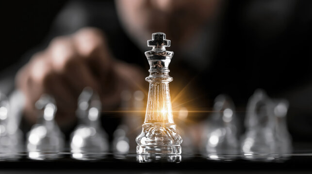 Chess strategy concept glass king piece business strategy leadership competition decision making game planning board game