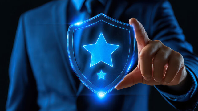 Digital shield blue glow business person hand gesture finger point security icon star symbol protection concept