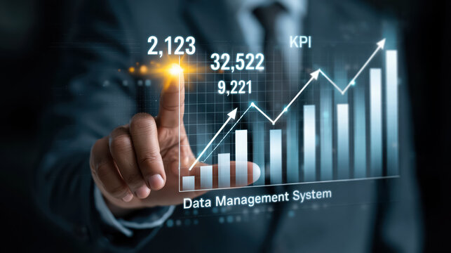 Businessman hand touching virtual dashboard analytics chart data management system KPI growth