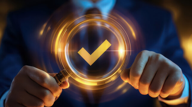 Digital certification check business man hand glass verification approval trust security inspection technology certificate compliance audit