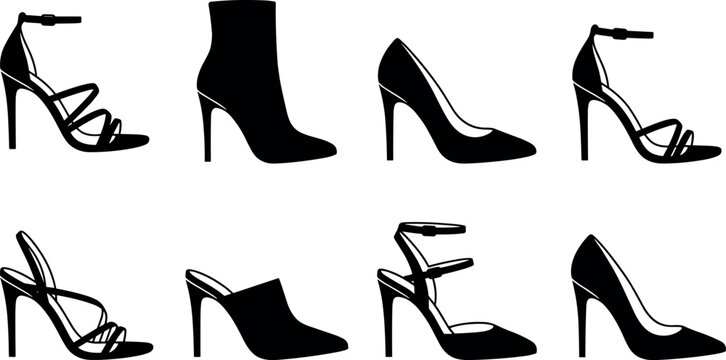 Vector set of eight elegant black silhouettes of women high heel shoes boots and strappy sandals