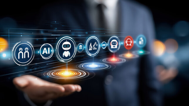 Artificial intelligence agent icons over hand in dark office, business automation and digital network concept