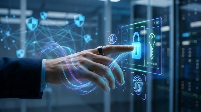 Businessman interacting with a futuristic cybersecurity holographic interface in server room