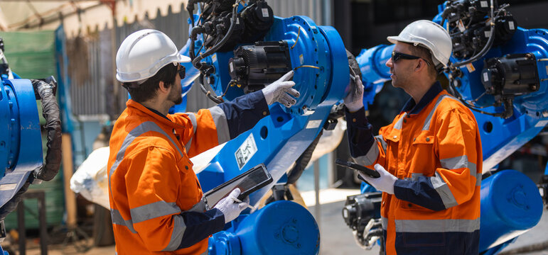 Industrial engineers inspecting robotic automation system in smart factory, using tablets for maintenance, diagnostics and quality control. Advanced manufacturing, Industry 4.0 and workplace safety.