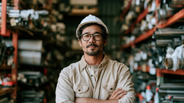 Hard hat asian man warehouse portrait arms crossed industrial safety