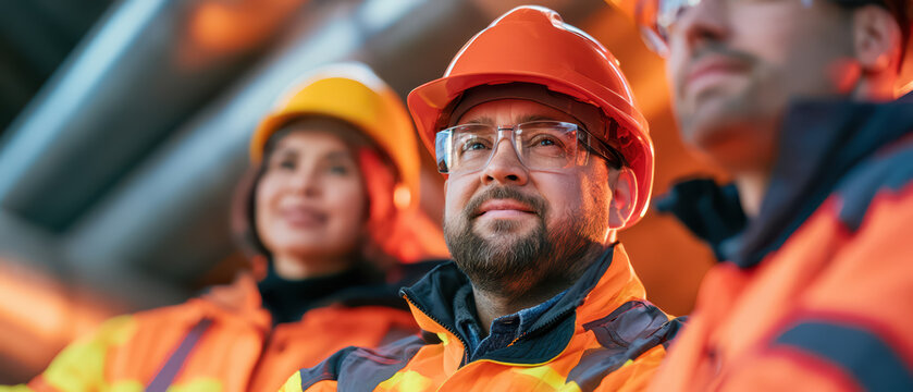 Construction worker safety helmet safety glasses reflective jacket industrial worker teamwork smiling face factory