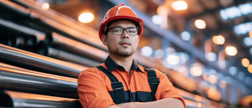 Industrial worker in orange safety uniform and helmet with glasses, standing in factory with arms crossed