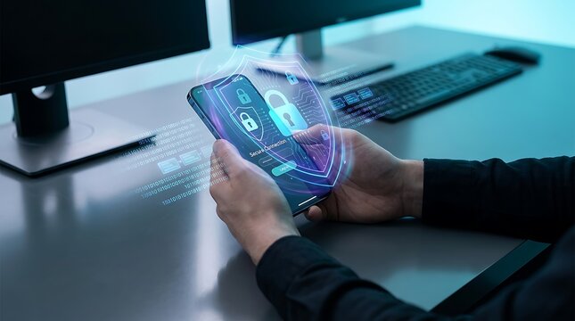 Secure mobile data protection featuring futuristic digital lock icons and holographic security shield on smartphone in modern office