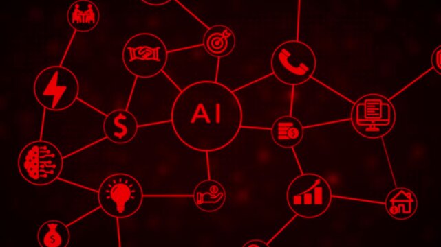 Centralized AI concept diagram with interconnected representing business, technology, and finance on a dark red digital background with glowing particles and a network grid pattern