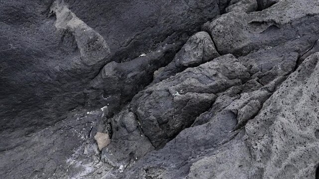 Close-up of dark volcanic rocks on the coast of Izu, Japan, with rough gray stone texture and natural geological patterns. Minimal travel and nature background with copy space.