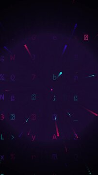 Abstract vertical technology background featuring glowing alphanumeric characters and radial particle trails.