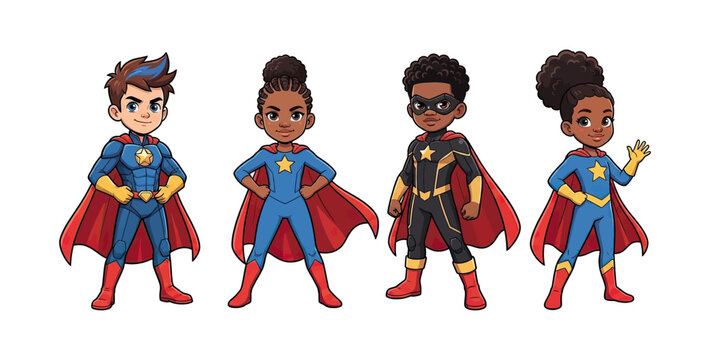 Diverse group of children superheroes standing confidently cartoon illustration brave kids with capes and stars