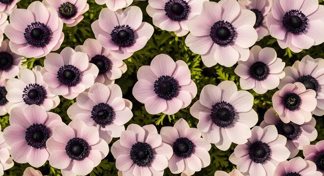 Beautiful pink anemone flowers blooming in a lush green spring garden