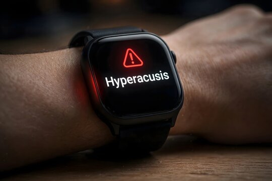 Smartwatch displaying a health warning alert for hyperacusis on a wrist close up