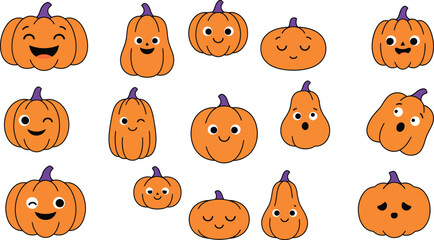 Naklejka premium A collection of cute orange cartoon pumpkins with various funny facial expressions