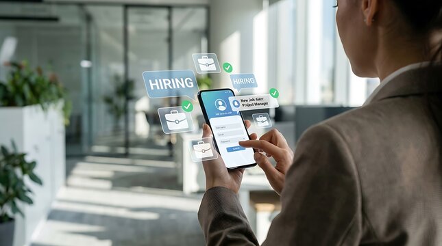 Professional woman using a smartphone for digital recruitment and hiring process in a modern office environment