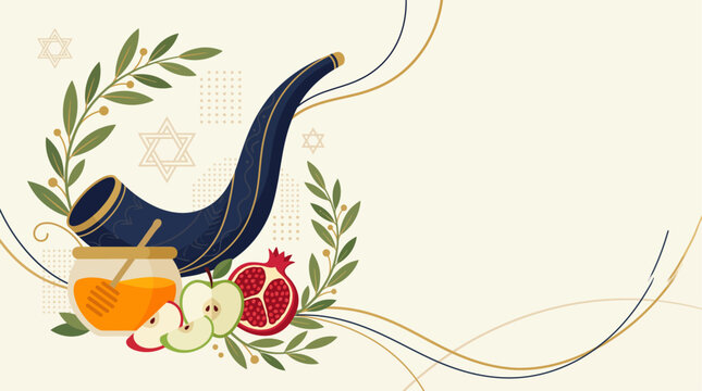 Rosh Hashanah banner background with shofar, honey, apples and pomegranate for Jewish New Year