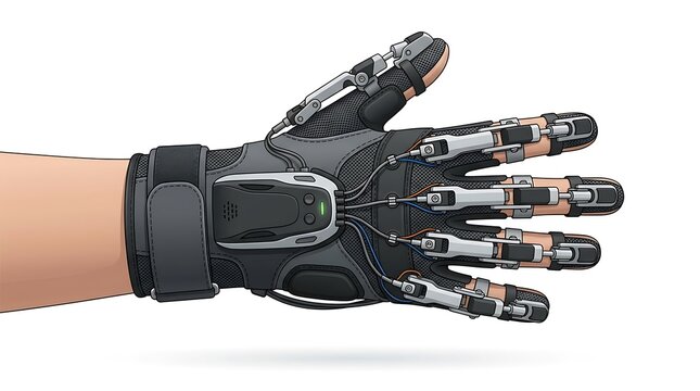 Robotic rehabilitation glove for hand therapy. Exoskeleton device for physical recovery.