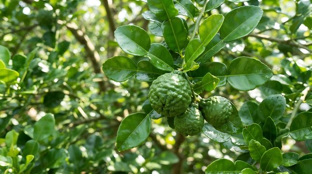 Kaffir Lime Fruits Growing on Tree Branch with Green Leaves in Sunlight, Fresh Citrus Ingredient for Cooking and Aromatherapy