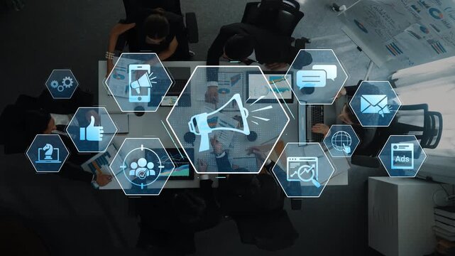 Aerial view of a collaborative workspace featuring professionals engaging in discussions, enhanced by digital marketing icons representing various strategies and communication tools. Raster
