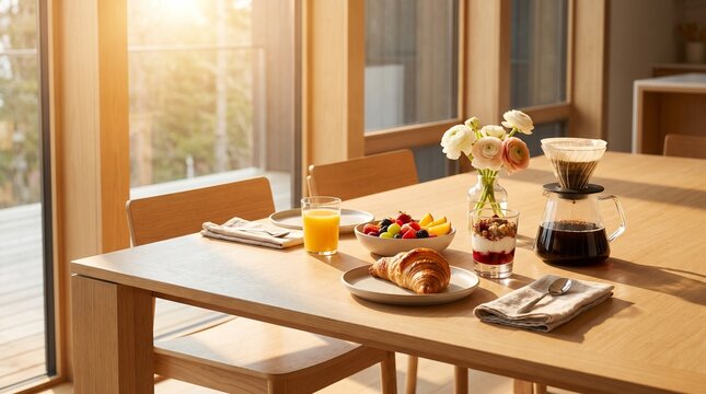Elegant Healthy Breakfast Setup with Coffee, Croissant and Fresh Fruits