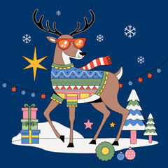 Stylish reindeer wearing patterned sweater and sunglasses standing amidst festive holiday decorations with sunglasses surrounded presents trendy cartoon reindeer © Moniba