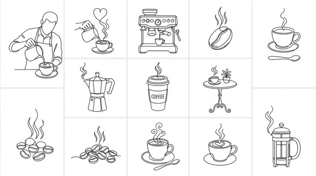 Coffee Shop Line Art Icons Set - Barista, Espresso Machine, Moka Pot, French Press, and Croissant Illustrations