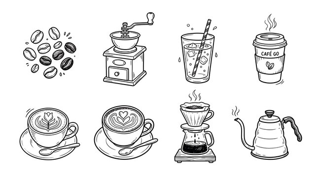 Hand Drawn Coffee Equipment and Beverage Line Art Doodle Set - Grinder, Beans, Pour Over, Kettle, and Cups