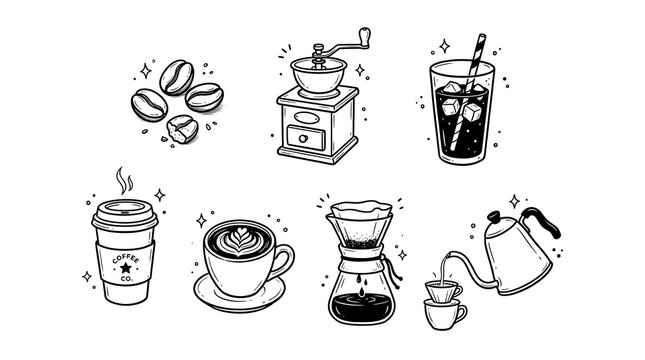 Hand Drawn Coffee Equipment and Beverage Line Art Doodle Set - Grinder, Beans, Pour Over, Kettle, and Cups