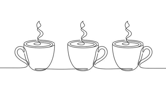 Continuous Line Art Illustration of Three Hot Coffee Cups with Steam - Minimalist Single Line Drawing