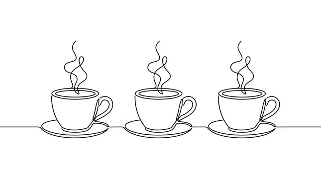 Continuous Line Art Illustration of Three Hot Coffee Cups with Steam - Minimalist Single Line Drawing