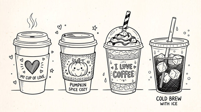 Cute Hand Drawn Coffee Cups Line Art Set - Pumpkin Spice, Iced Coffee, Frappe, and Cold Brew Doodles