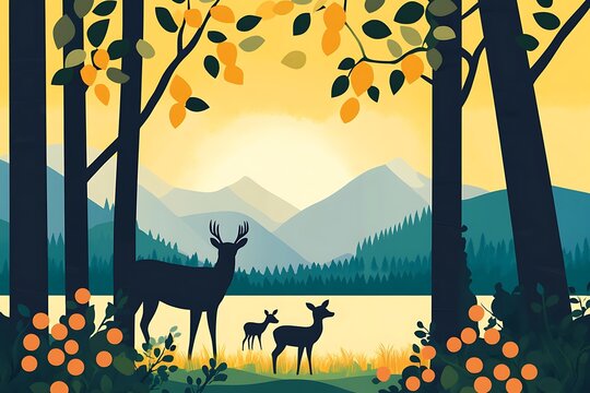 Serene forest sunset with deer