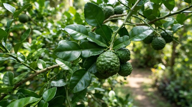Kaffir Lime Fruit Growing on Branch in Lush Green Tropical Grove, Organic Citrus for Culinary and Aromatherapy Uses